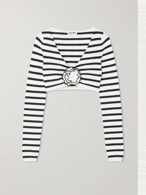 Cropped appliquéd striped stretch-knit top