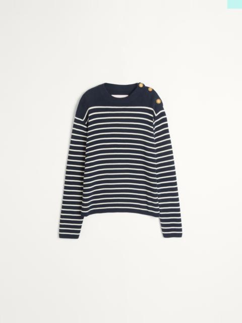 Valentino STRIPED COTTON CREWNECK SWEATER WITH BUTTONS ON THE SHOULDER