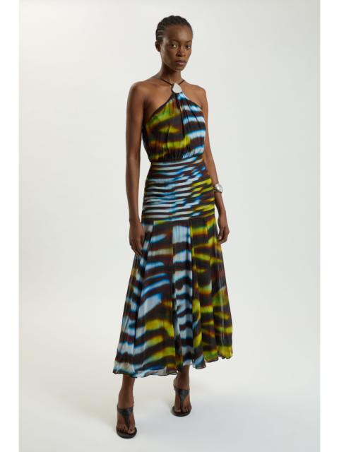 KAREN MILLEN Viscose Georgette Drop Hem Animal Print Woven Halterneck Maxi Dress