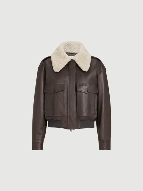 Brunello Cucinelli Polished nappa leather aviator jacket with detachable shearling collar and monili