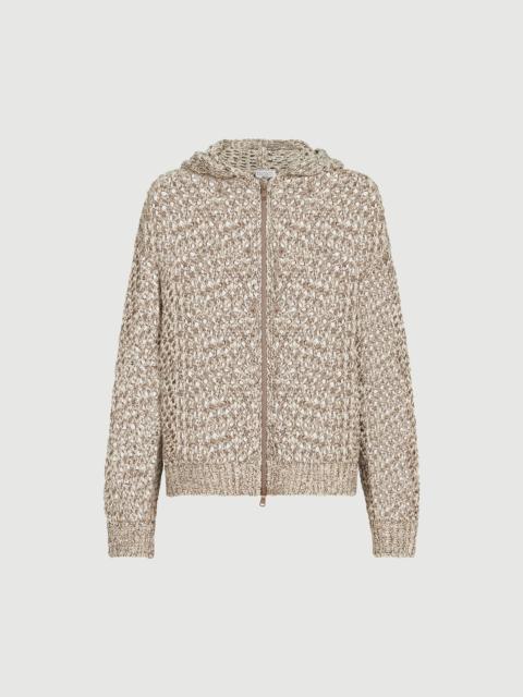 Brunello Cucinelli Dazzling chiné net hooded cardigan in silk and linen with zipper