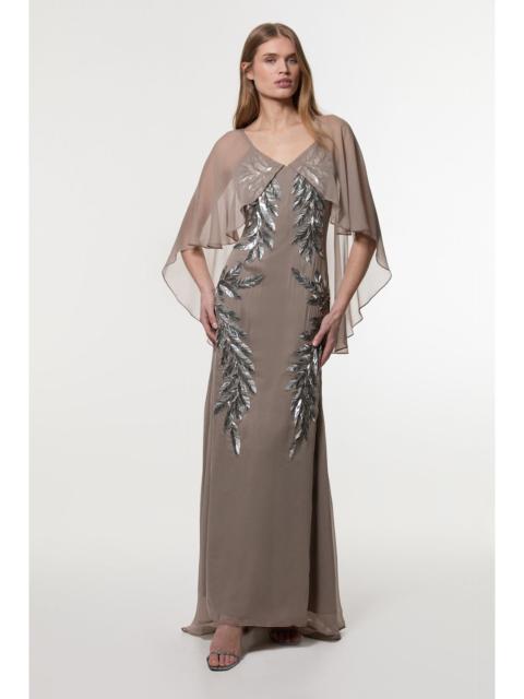 KAREN MILLEN Feather Embellished Woven Cape Sleeve Maxi Dress