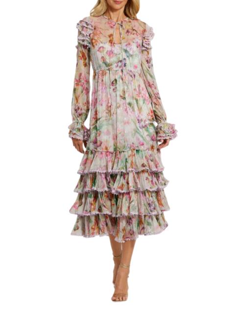 MAC DUGGAL Women's Floral Chiffon Tieneck Tiered Midi-Dress - Lilac Multi