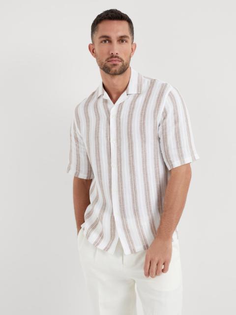 Brunello Cucinelli Textured striped linen short sleeve easy fit shirt with camp collar