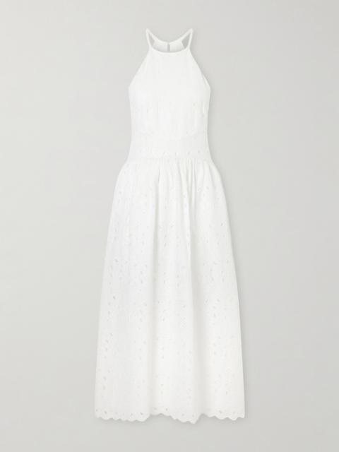 FRAME Scalloped Broderie Anglaise Ramie Halterneck Midi Dress