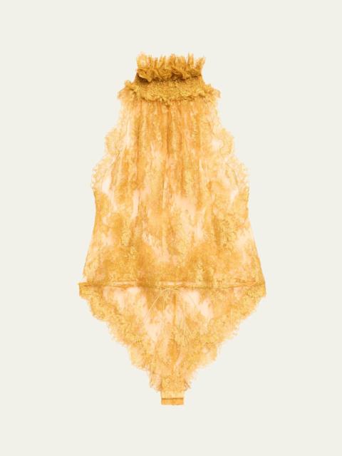 SAINT LAURENT Sleeveless High-Neck Lace Bodysuit