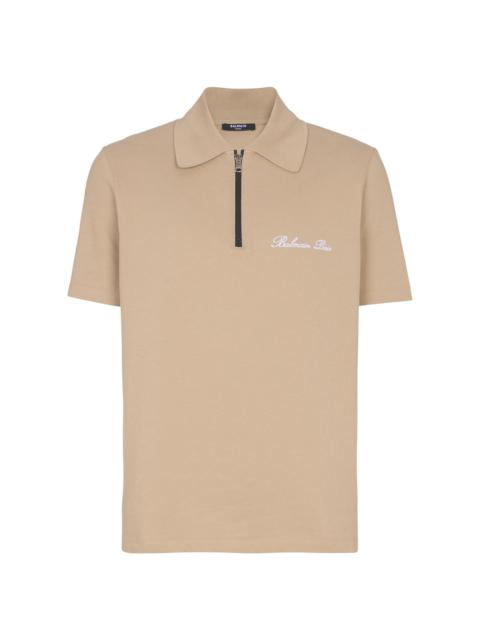 Balmain Men's Logo-Embroidered Cotton Quarter-Zip Polo Shirt - Camel Blanc