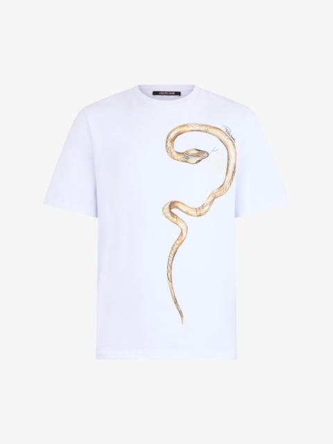 Roberto Cavalli White T-Shirt With Printed Snake