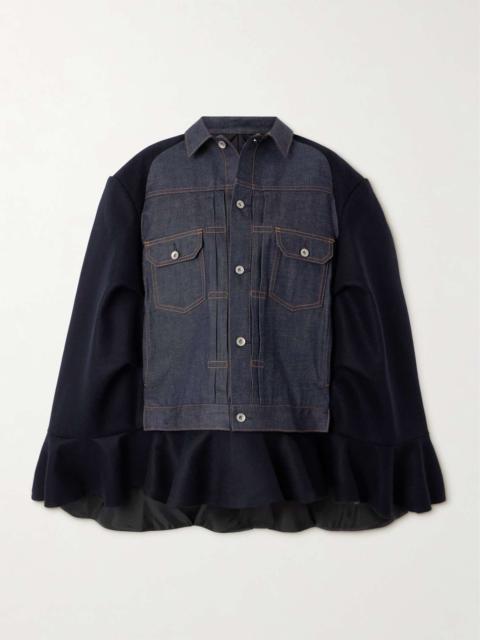 sacai Ruffled wool-felt and denim cape