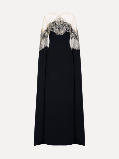 Oscar de la Renta PORCELAIN FLOWER LATTICE FRINGE CAFTAN