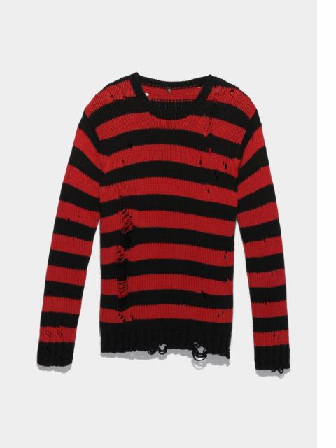R13 SHREDDED GRUNGE CREWNECK - RED/BLACK STRIPE