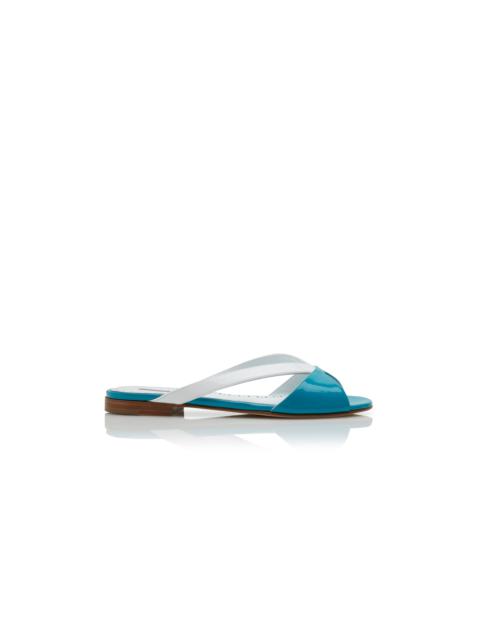 Manolo Blahnik Blue and White Patent Flat Sandals