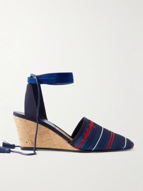 Valentino La Cruisette 75 tasseled embroidered canvas wedge sandals Blue