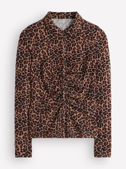 BODEN Supersoft Ruched Jersey Shirt-Camel, Leopard Fields