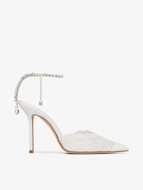 JIMMY CHOO Saeda 100 Ivory Jimmy Choo Lace Pumps with Crystal Chain Anklet