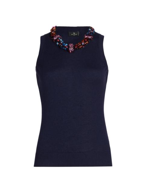 Etro Women's Jeweled Neckline Knit Top - Blue Mare
