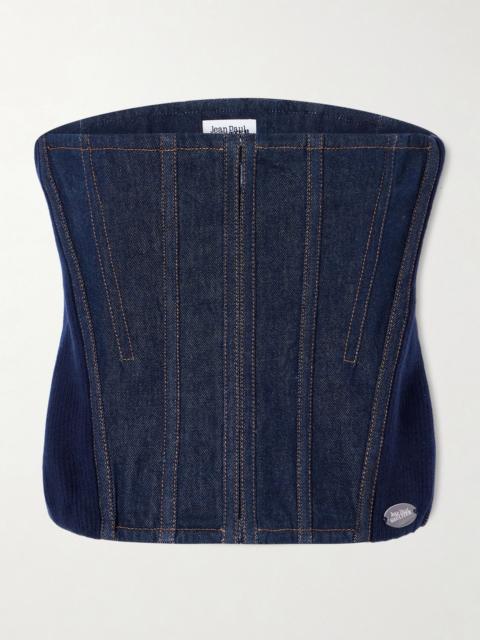 Jean Paul Gaultier Ribbed wool-blend trimmed denim corset top Indigo