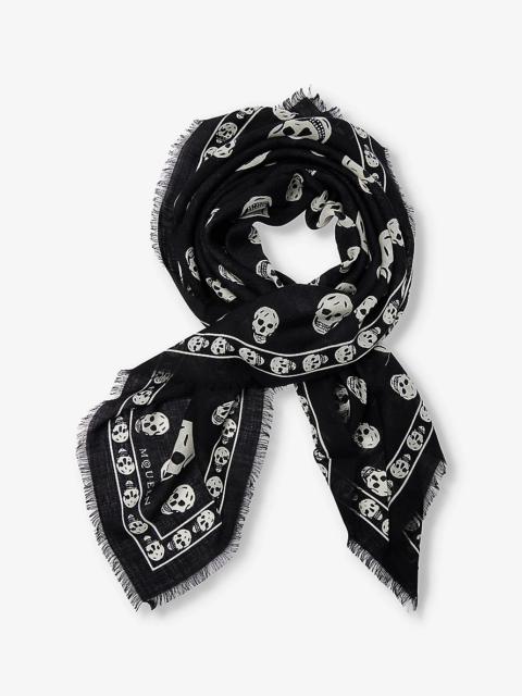 Skull-Print Fringed Wool Scarf