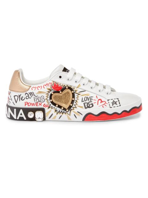 Dolce & Gabbana Women's Embellished Printed Leather Low-Top Sneakers - Bianco Oro Antico