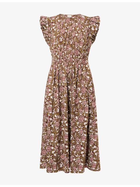 ME+EM Overgrown Floral-Print Ruffle-Shoulder Cotton Midi Dress