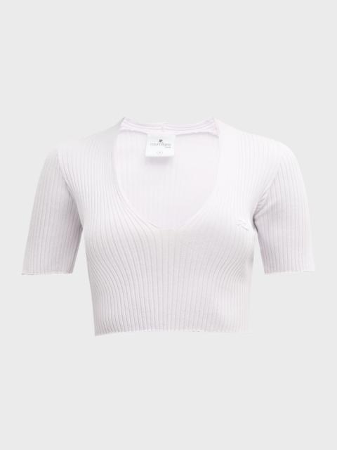 courrèges V-Neck Short-Sleeve Rib Crop Sweater