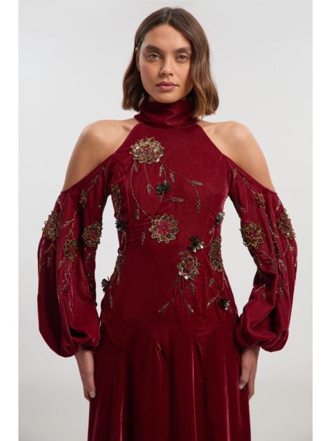 KAREN MILLEN Velvet Cold Shoulder 3D Floral Applique Woven Maxi Dress