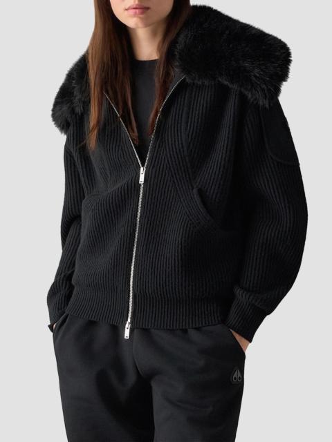 MOOSE KNUCKLES Women's Corina Faux-Fur Collar Wool Zip Sweater - Black