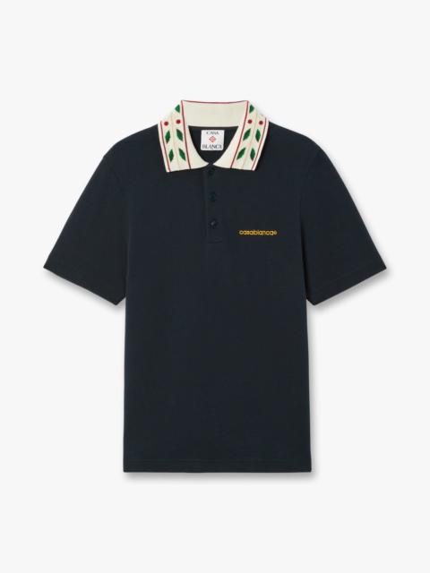 CASABLANCA Navy Laurel Pique Short Sleeve Polo Shirt | Casablanca Paris