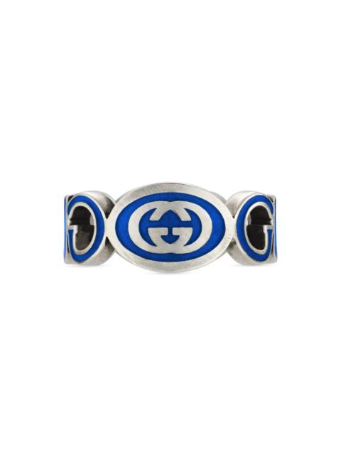 GUCCI Men's Sterling Silver Interlocking GG Logo Ring - Silver Blue