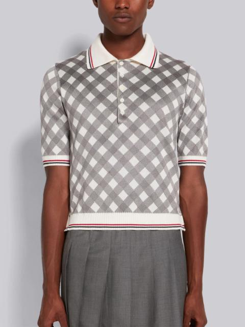 Thom Browne Light Grey Gingham Jacquard Cotton Silk Stripe Tipping Polo