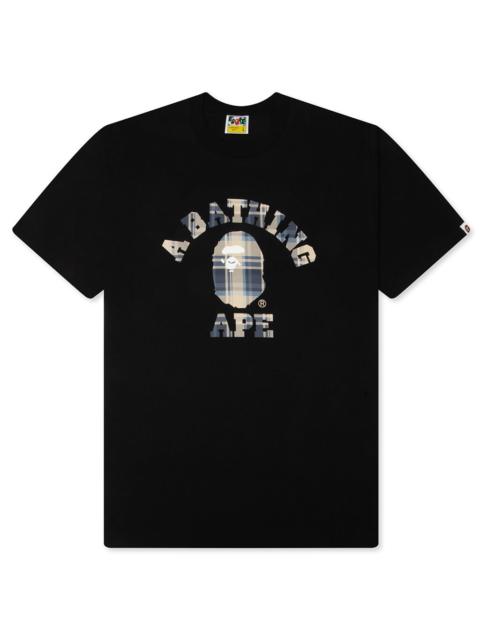 A BATHING APE® BAPE CHECK COLLEGE TEE - BLACK/BLUE
