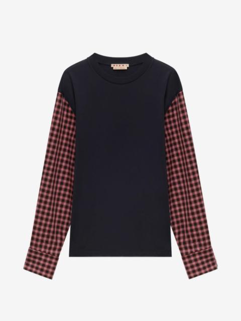Marni deep blue cotton T-shirt with checked shirt-sleeves