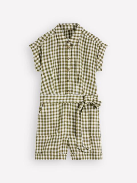 BODEN Kay Linen Playsuit-Olive, Ivory Gingham