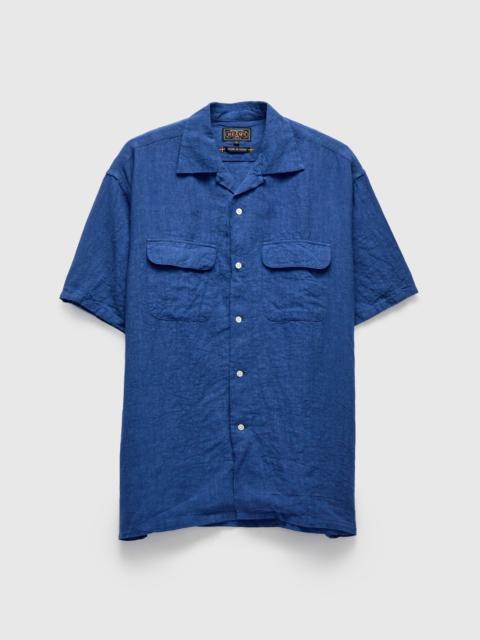 BEAMS PLUS 1/40 Linen Open Collar Shirt in Blue