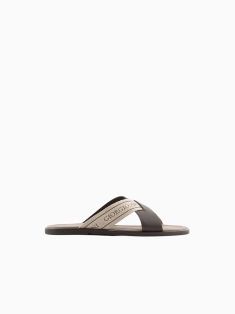 GIORGIO ARMANI Leather cross sandals with two-toned tape