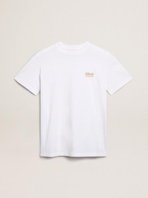 Women's white T-shirt with gold glitter logo and star