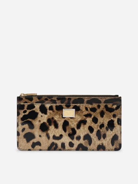 Large polished calfskin card holder with zipper and leopard print