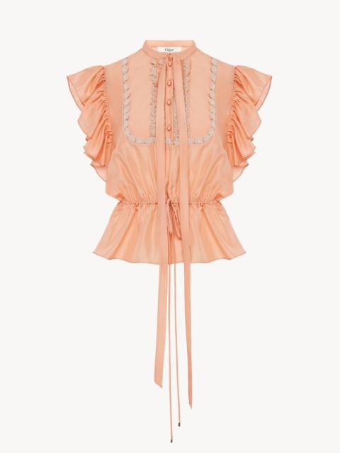Chloé SHORT-SLEEVE RUFFLE TOP IN WASHED SILK HABOTAI & LACE