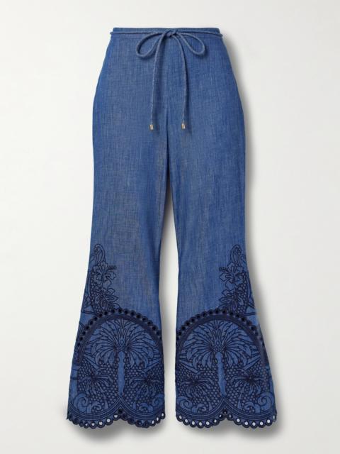 Zimmermann Coco Belted Embroidered Cotton-chambray Flared Pants