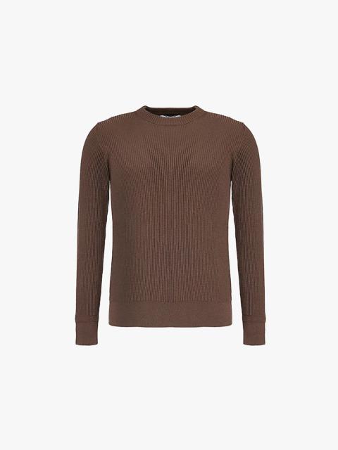 Brand-badge ribbed regular-fit wool knitted jumper