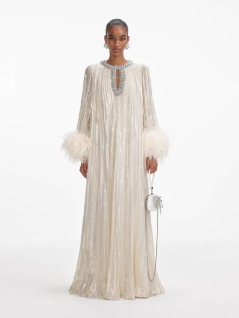 Gold Metallic Feather Maxi Dress