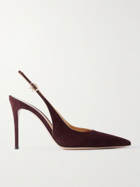 Gianvito Rossi 95 metallic leather-trimmed suede slingback pumps Burgundy