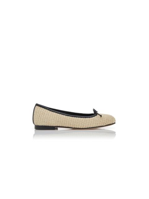 Manolo Blahnik Light Beige and Black Rafia Ballerina Flats