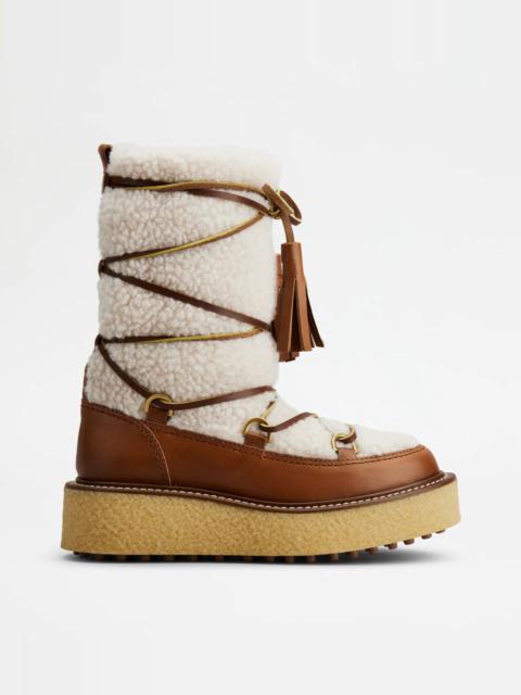 Tod's PLATFORM ANKLE BOOTS IN LEATHER AND WOOL - BROWN, OFF WHITE