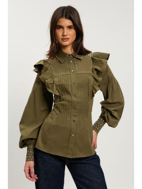 KAREN MILLEN Petite Cotton Sateen Drama Sleeve Studded Woven Maxi Shirt