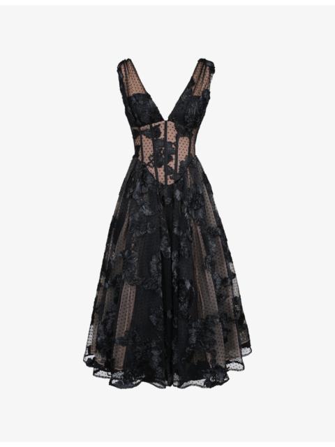 House of CB Sianna Plunge-Neck Embroidered Woven Midi Dress