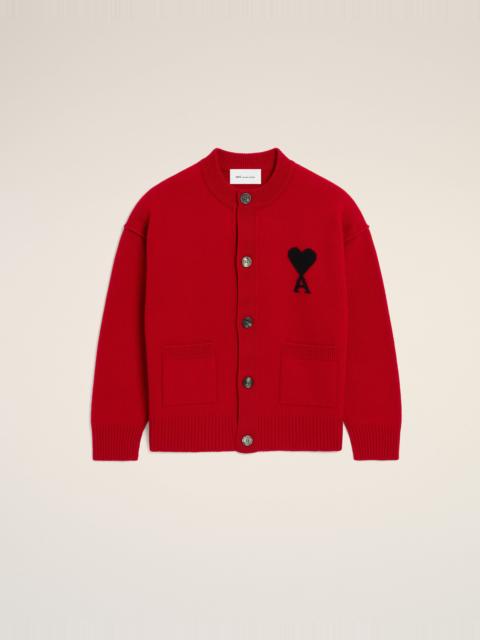 AMI Paris RED CREWNECK WOOL CARDIGAN WITH AMI DE COEUR