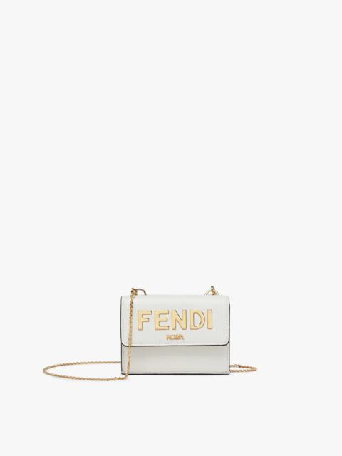 FENDI Compact-design tri-fold Fendi Roma wallet with metal chain. Interior features ten card slots, two fl