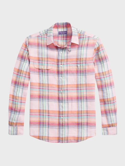Men's Cassis Plaid Linen Button-Down Shirt