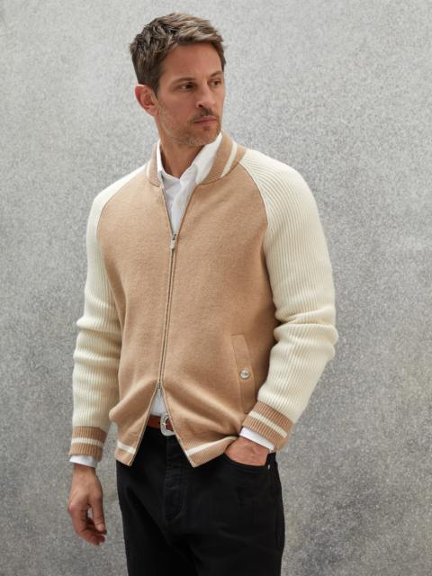 Virgin wool, cashmere and silk double knit bomber-style cardigan with ribbed sleeves